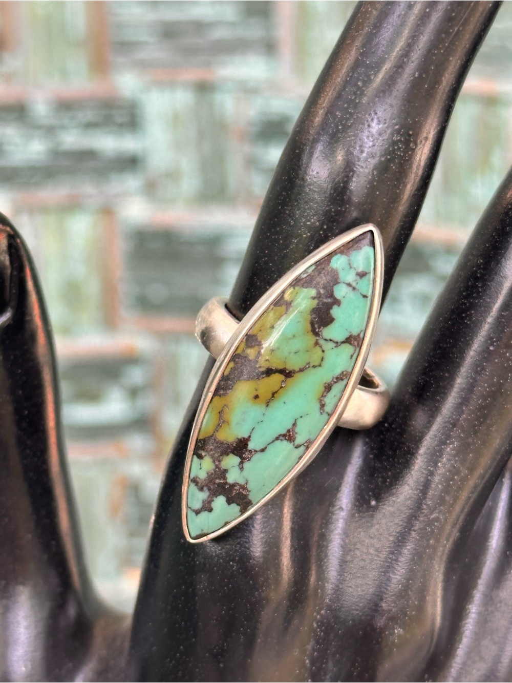 Turquoise Marquise Stone 925 Silver Ring - Blue/ green w/ Veining